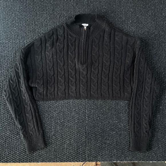 Garage Sweaters - Garage Womens Black Cable Knit Cropped Quarter Zip Sweater Mock Neck Size XS